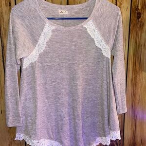 Hollister Women's Long Sleeve Lace Trim Top - Light Gray